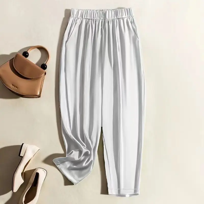 Simple Summer Solid Color Women\'s High Waist Loose Pocket Silk Smooth Wrinkle Resistant Straight Leg Nine Split Wide Leg Pants