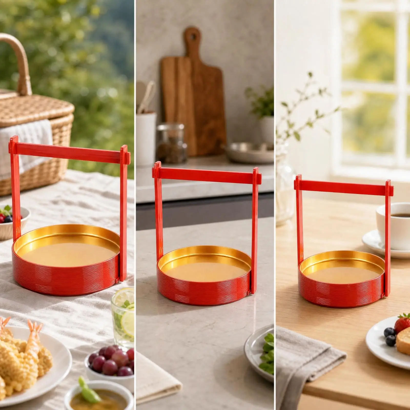 Round Japanese Frying Basket Serving Tray with Carrying Handle Melamine for Sashimi Pastry Table Decoration Events