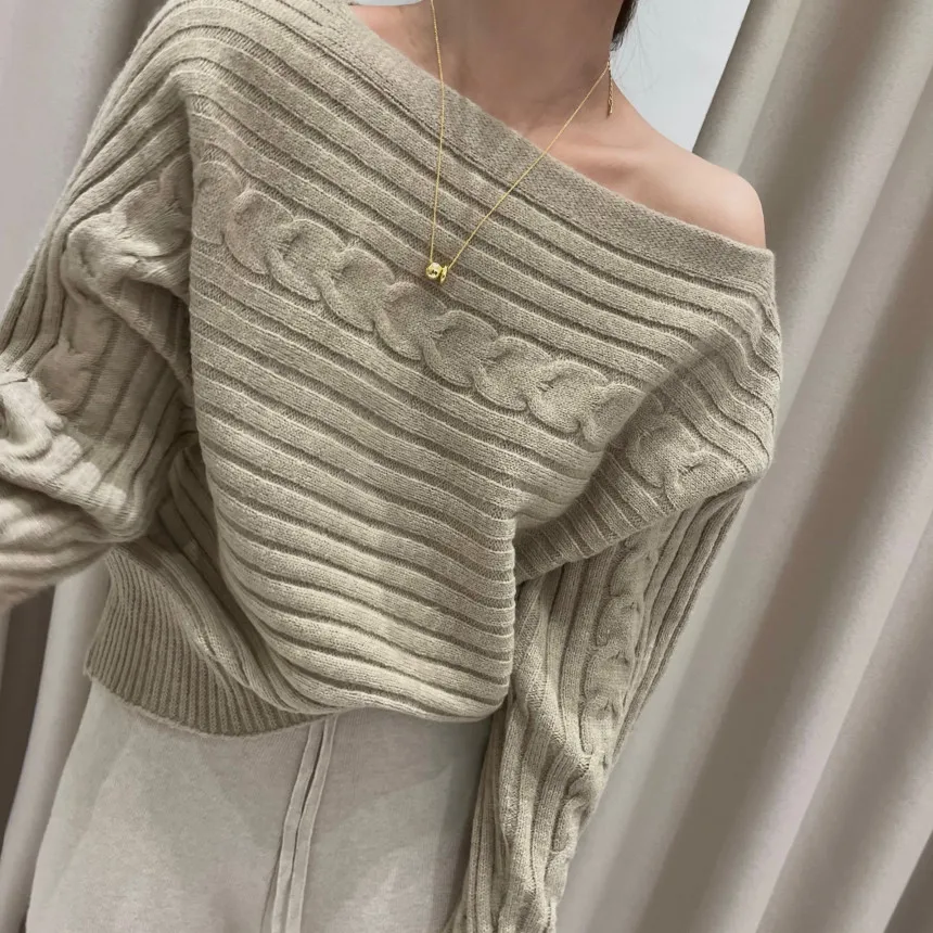 Sexy Strapless Short Knit Pullovers Women Fall Winter Korean Casual Loose Bat Sleeve Sweater Tops 2 Colors