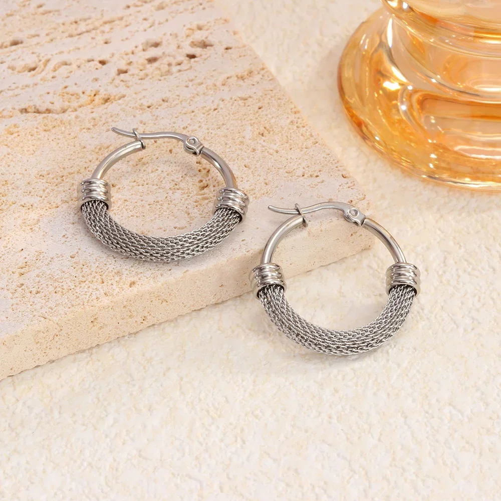 1 Pair Stainless Steel Twisted Hollow Mesh Hoop Earrings Gold Plated Round Earrings Women\'s Jewelry Accessories Wholesale