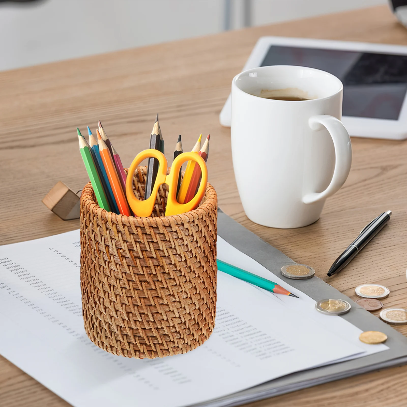 2 Pcs Rattan Pen Holder Diameter 8cm Height 10cm Office Organizers Makeup Brush Canister Woven Wooden Storage Pencil Holders