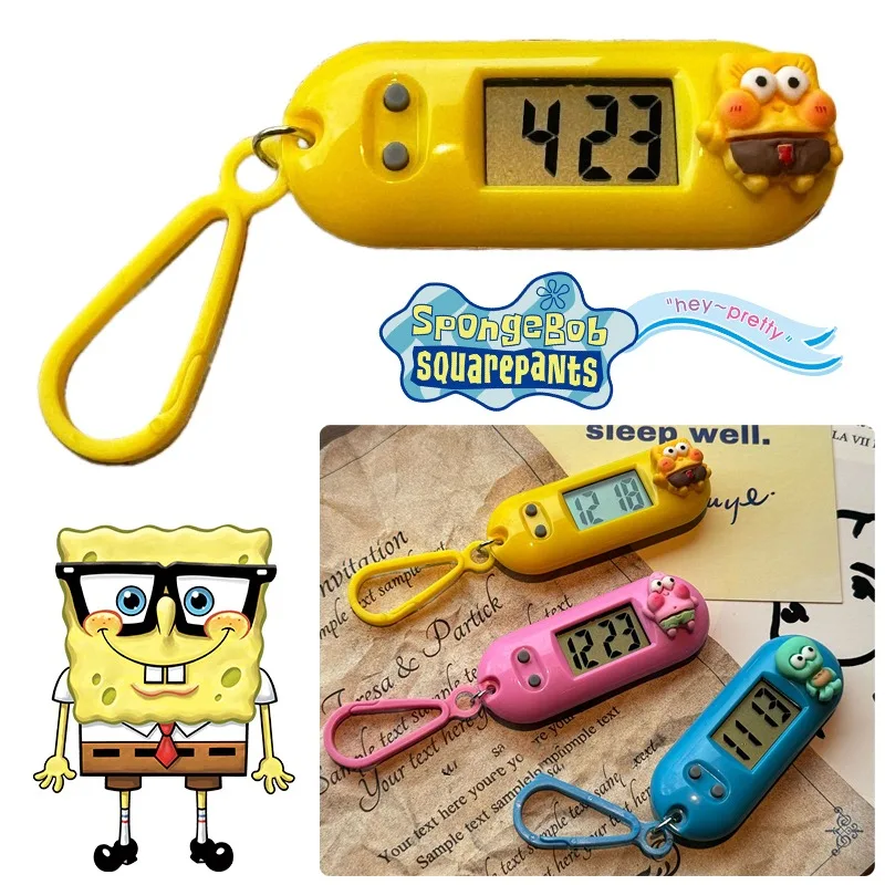 SpongeBob Clock Pendant Cute Cartoon Electronic Watch Student Backpack Decoration Mini Timer Charms Toys Clock Key Ring Keychain