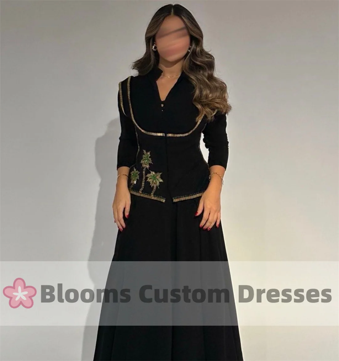 Blooms Customized Coconut Tree Beaded Black Evening Dresses For Special Occasion A-Line Party Gown Long Sleeves Prom Dress