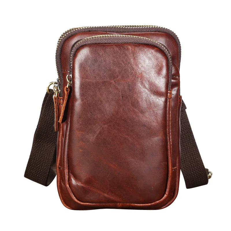 571-2 Men's Multifunctional Shoulder Bag Made of Genuine Leather, Mobile Phone Cover Layer, Cowhide Retro Waist Bag