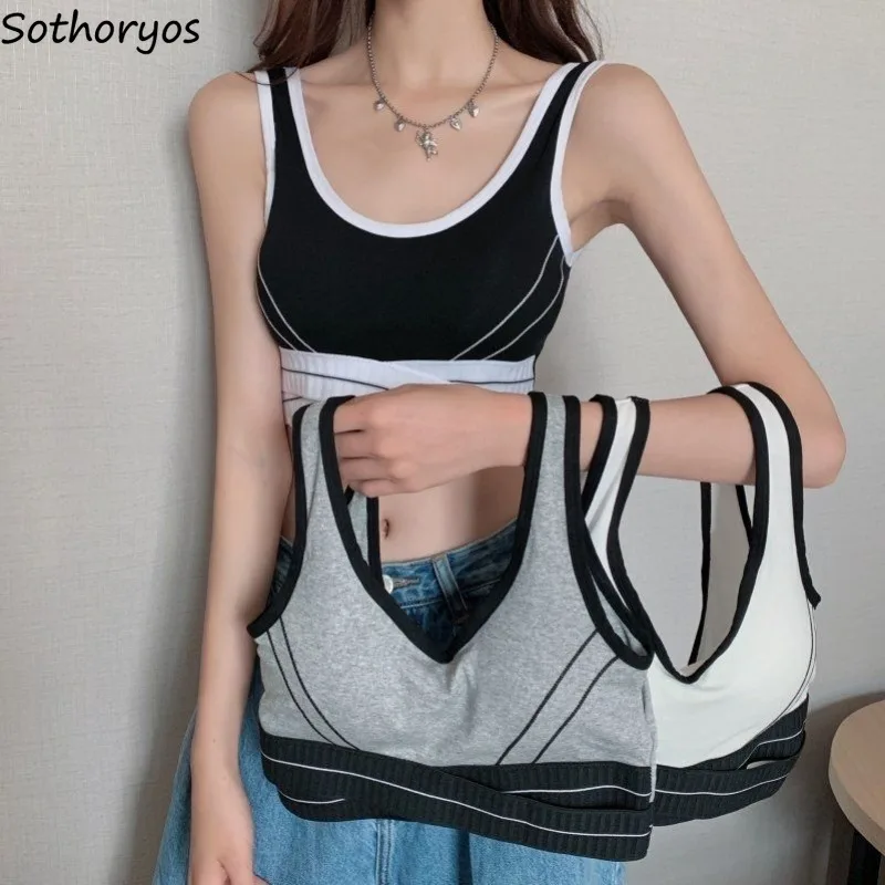 Tanks Women Patchwork Simple Sporty Charming Elegant Breathable All-match Prevalent Cool Special Attractive Holiday Korean Style