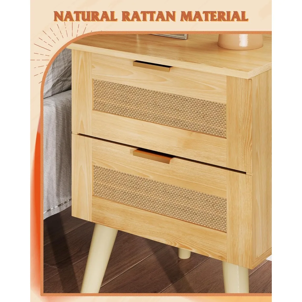 طقم من طاولتين خشبيين بجانب السرير، طقم طاولات بجانب السرير مع درجين مزخرف من الخوص، وطاولة قهوة بأرجل صلبة