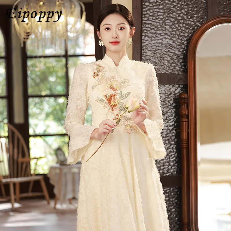 Chinese Style Bridesmaid Dress Champagne Spring Long Sleeve Wedding Sisters' Clothes Bridesmaid Head Dress