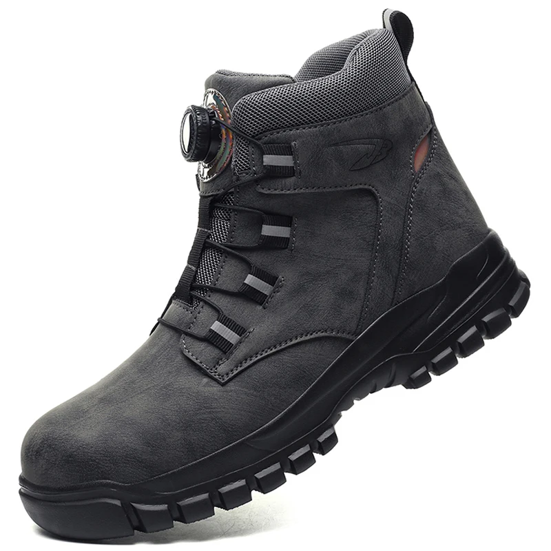 Waterproof Work Boots Steel Toe Shoes Men Safety Shoes Rotating Buttons Male Boots Plus Size 48 Puncture-Proof Protective Shoes