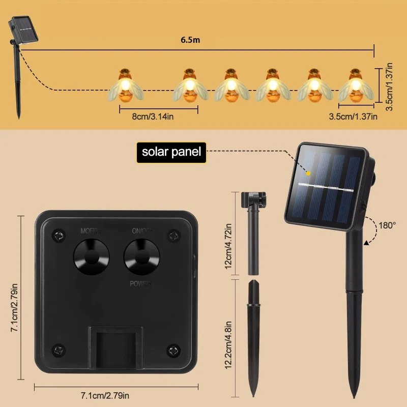 Solar String Light 20LED Cute Bee Outdoor Wedding Garden Patio Party Christmas Tree Honeybee Starry Fairy Decor Lamp