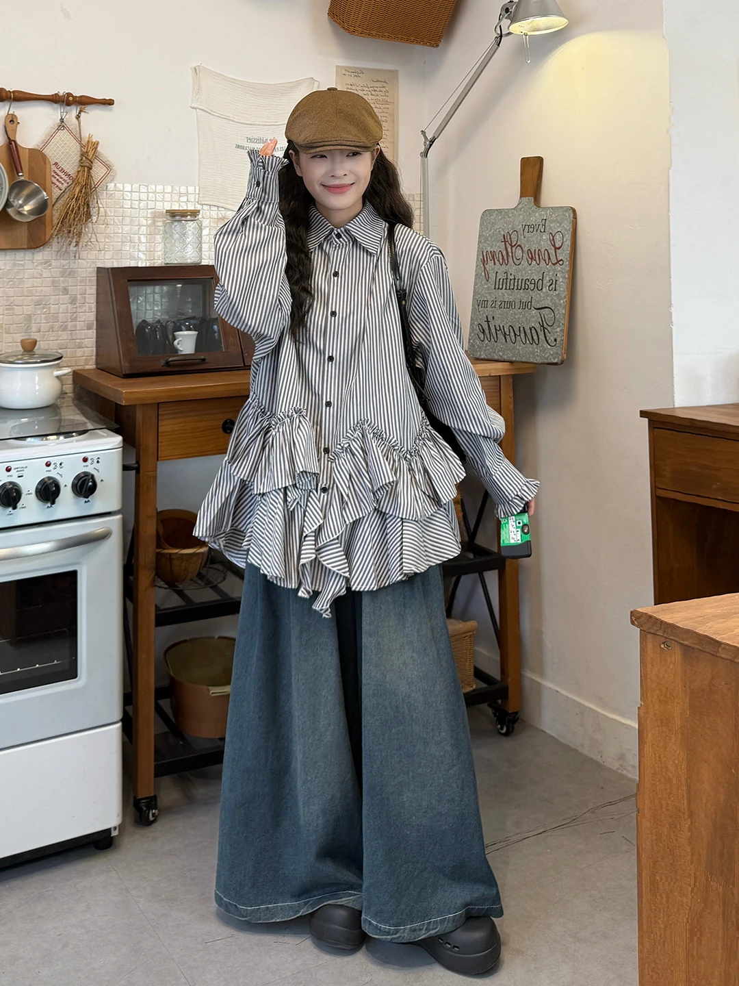 

plus Size Women's Summer Striped Asymmetrical Hem Shirt Dress Loose Slimming Long Sleeve Commute Denim Two-Piece Set