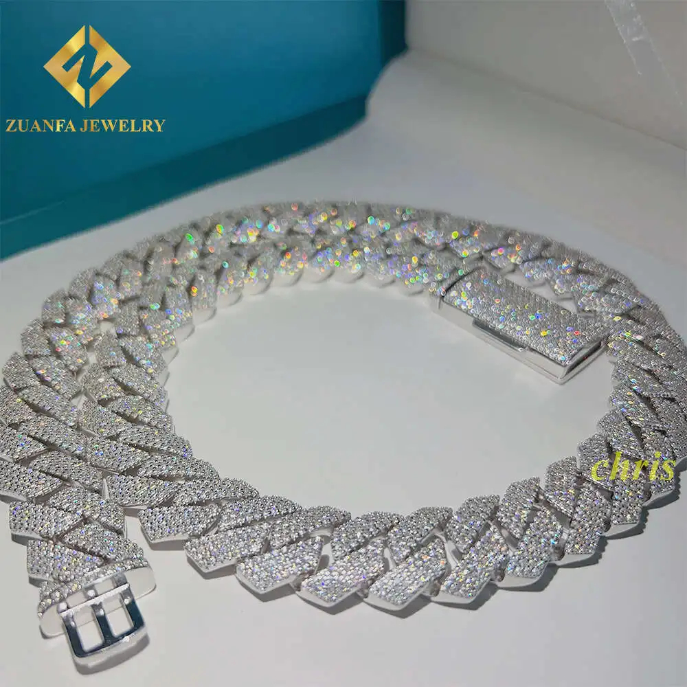 Luxury Miami Chain Ready to Ship 18mm 925 Sterling Silver Vvs Moissanite Iced Out Cuban Link Chain.