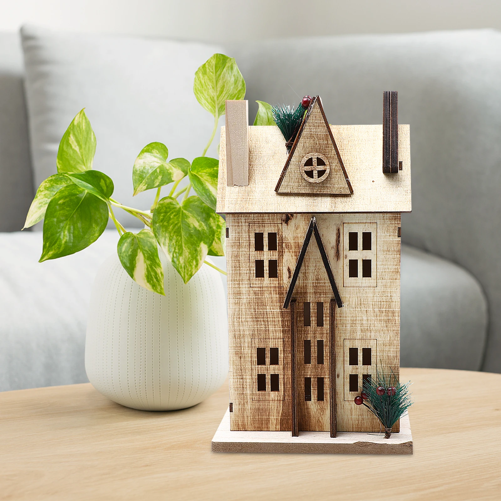 Small Wooden House Decorations Christmas Houses Village 2024 Kids Xmas Craft Luminous Delicate Ornament Dining Table