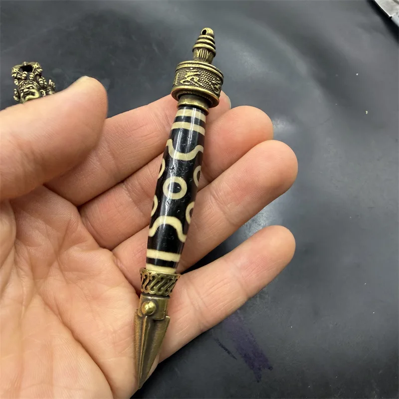 Vintage-Style, Distressed, Optimized-Eye Dzi Bead With Old , Vajra Agate Pendant