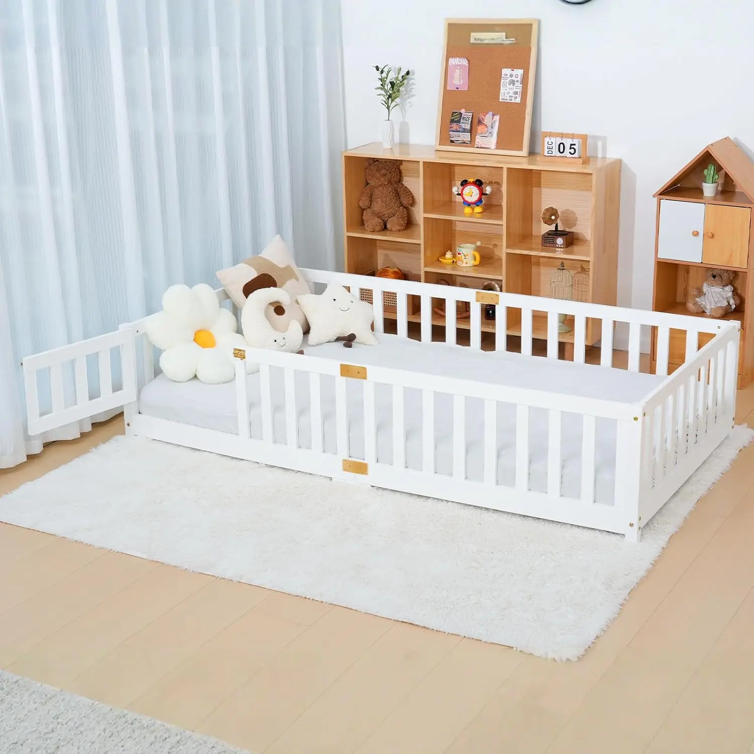 

Twin Floor Bed for Kids-Twin Montessori Bed Frame with Wood Slats and Door and Slats, Wood Toddler Floor Beds for, Customized