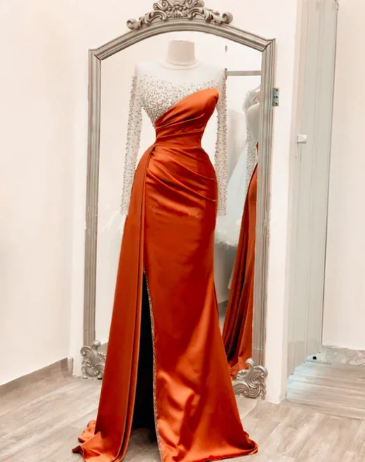 

IRIDESCENT Orange Sexy Prom Dresses Long Sleeve Sparkly Sequins Overskirt Sheer Neck Elegant Wedding Party Gowns Robe De Soiree