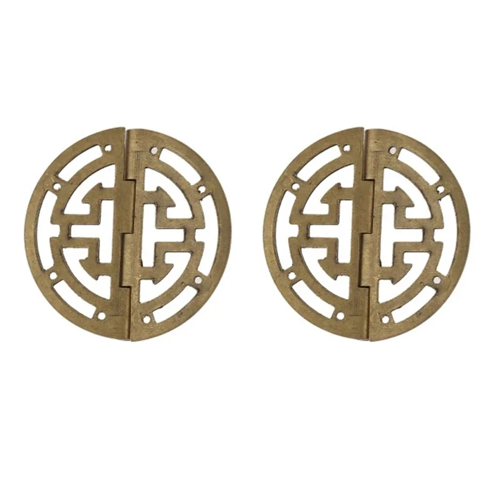 Pair Of Round Brass Hinges With Hollow Vintage Design For Wooden Jewelry Boxes Cabinets And Small Storage Projects