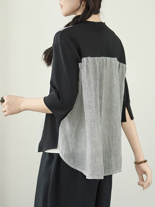 Ele Loose Cotton Linen irt Women's Faionable Vertical Stripes Patchwork Summer Age-Defng Color Blo Charming Top