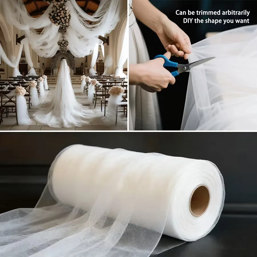 50m White Transparent Tulle Roll, Multi-use Decor Mesh for Wedding Veil, Ceiling Drape, Baby Shower Canopy Holiday Gift Wrapping