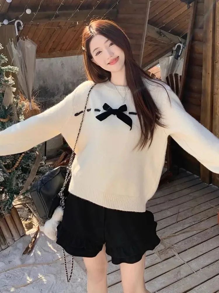Sweet Velvet Bow Y2k Sweater Women Autumn Winter O Neck Loose Long Sleeve Pullover Korean Simple Versatile Tops Jumper
