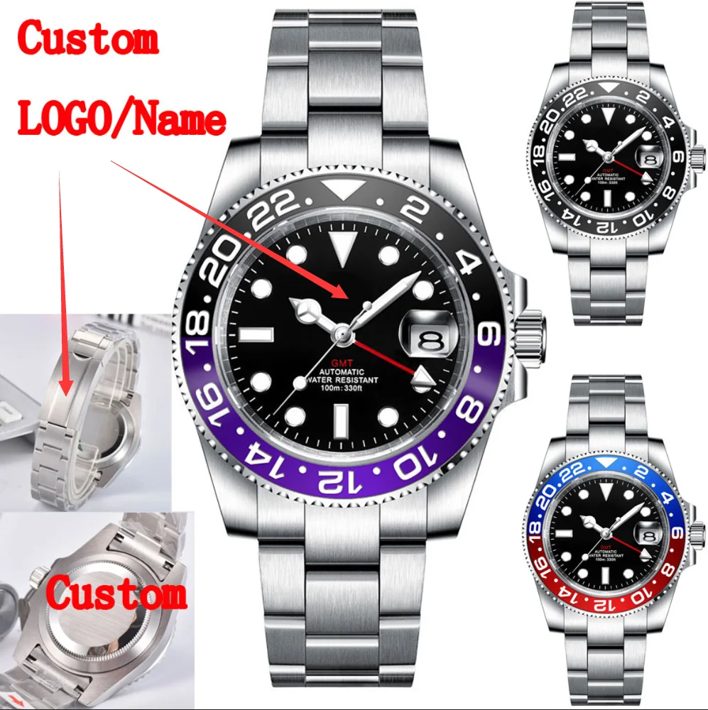 40mm NH34 GMT Orologi meccanici da uomo LOGO personalizzato 10ATM Lunetta in ceramica impermeabile Vetro zaffiro Orologio da uomo automatico da lavoro