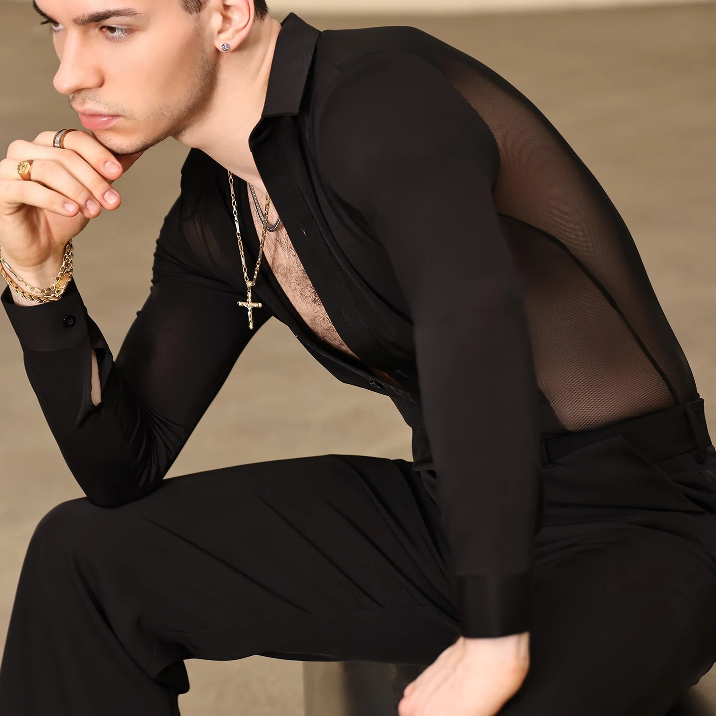 Adulte mâle vêtements de danse latine hommes maille épissage hauts noirs Salsa Rumba salle de bal danse compétition vêtements pratique haut BL16719