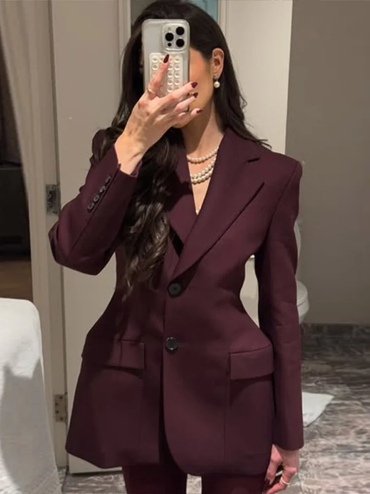 Waist Cinched Suit Coat Jacket V-Neck Single Breasted Commuting Solid Color Overcoat Women Pockets Outwear Top Formal Attire