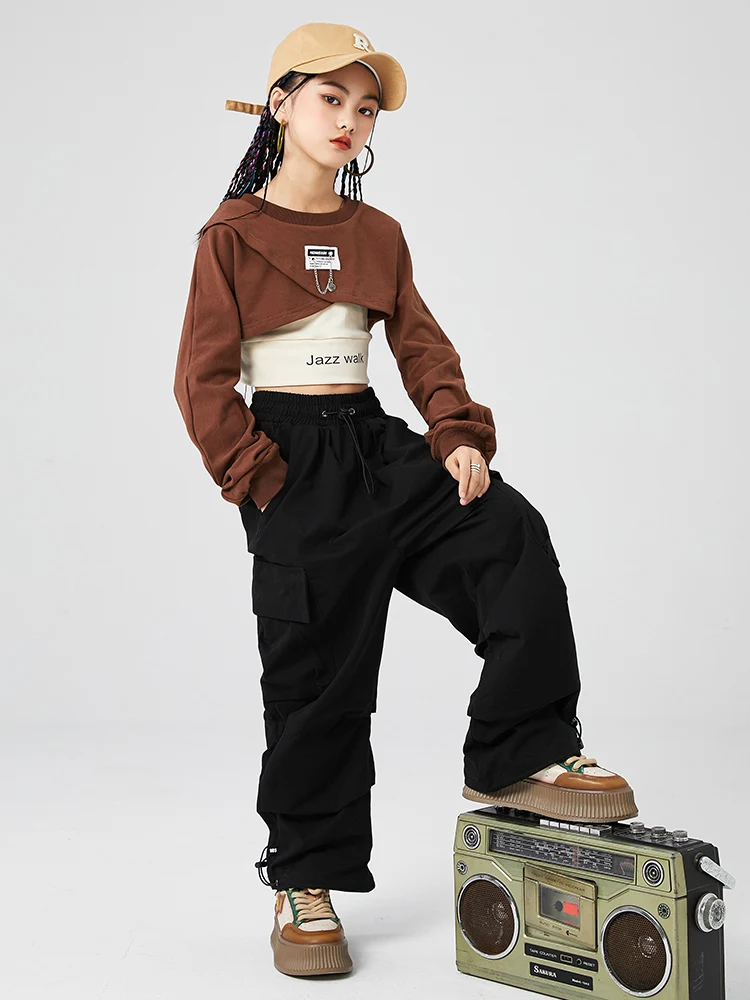 Ropa de Hip Hop Kpop para niñas, Tops cortos de manga larga de otoño, pantalones negros de Hip Hop, traje de actuación de baile moderno, ropa Rave L9343