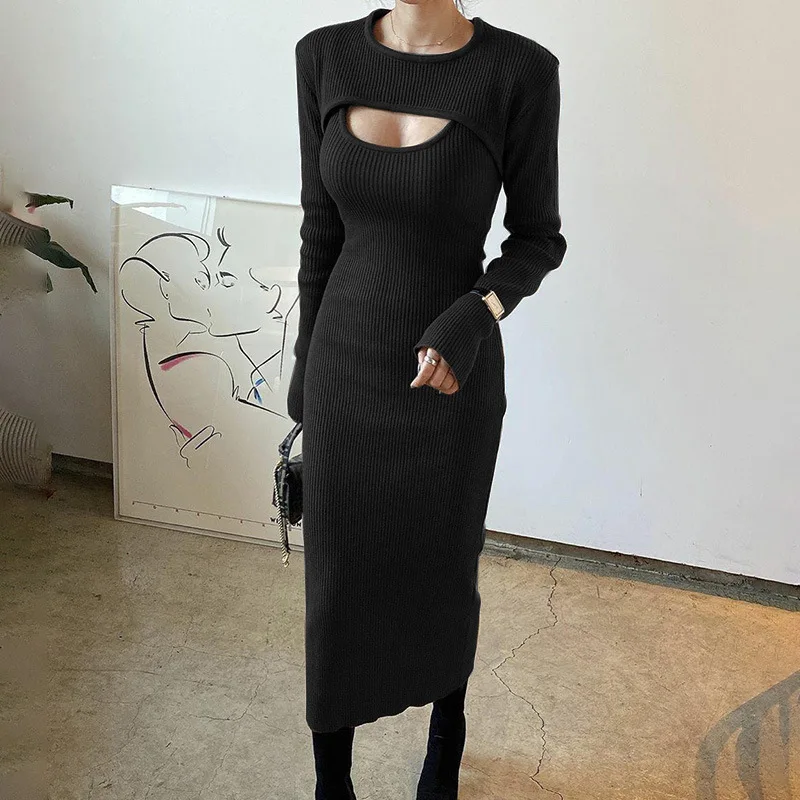 New Style Autumn And Winter Fashion Women's Two-piece Sexy Hollow Shawl Shirt + Solid Color Suspender Slim Elegant Dress Set