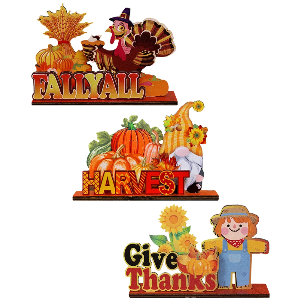 

3 Pcs Wooden Thanksgiving Decor Fall Pumpkin Turkey Scarecrow Letter Sign Table Centerpiece Reusable Festival nament