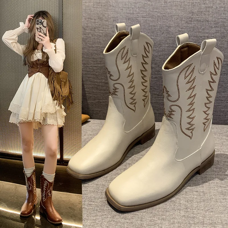 

Brown Western Cowboy Boots for Women 2025 Winter New Embroidered Square Toe Chunky Heel Mid-Calf Riding Boots