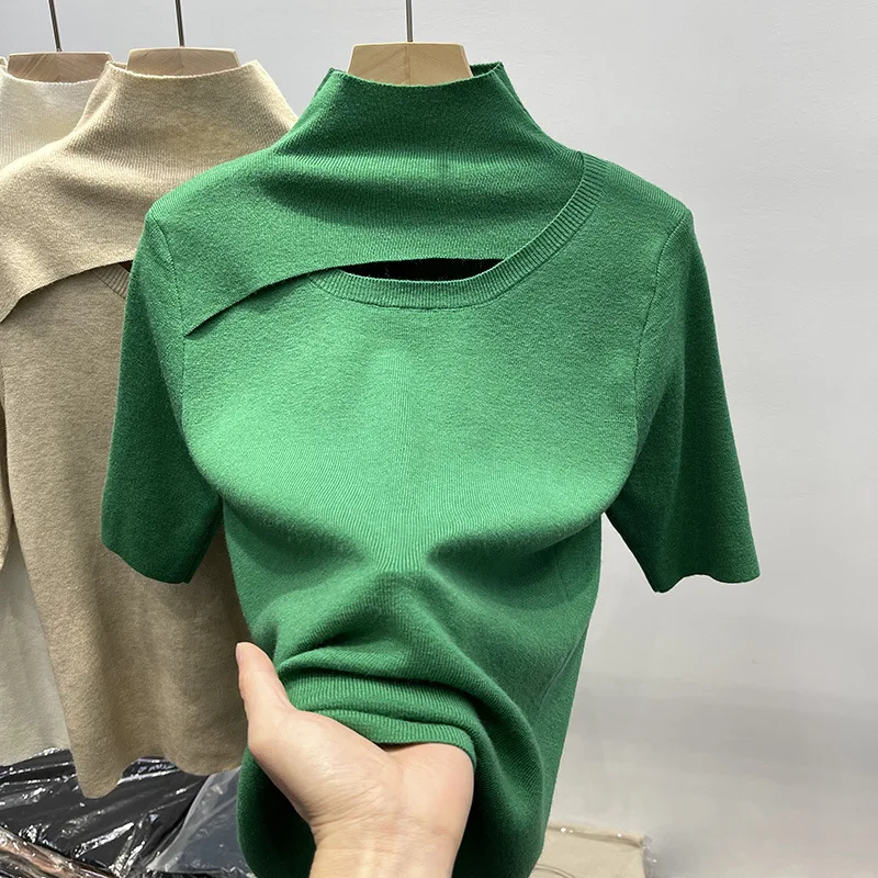 Hollow Out Patchwork Half High Collar Women\'s Solid Color Short Sleeve Knitted 2023 Summer New Chic Slim Sweater Undershirt Tops