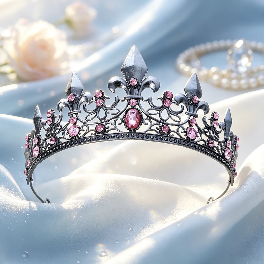 Corona Medieval Gótica Antigua de Plata con Pedrería, Tiara Nupcial, Accesorio para el Cabello, Tocado Real Vintage para Bodas, Disfraces y Fiestas Temáticas