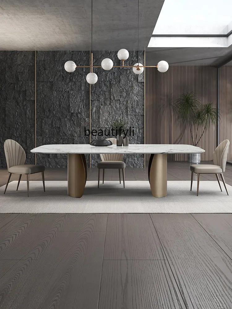 Natural Marble Dining Tables and Chairs Set Rectangular Home Italian White Table High-End Luxury Stone