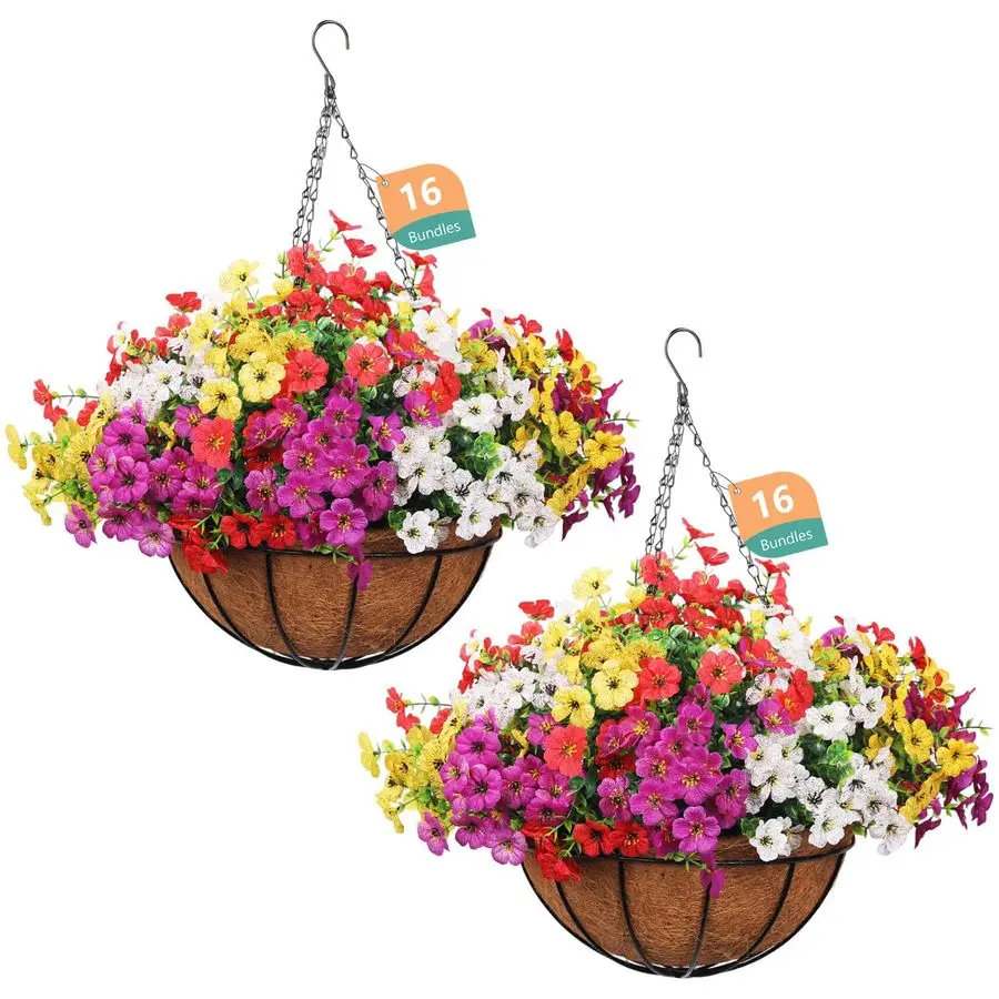 

2 комплекта искусственных подвесных корзин для улицы, 32 шт. искусственных цветов в подвесных кашпо для весны и лета, для крыльца, патио, двора