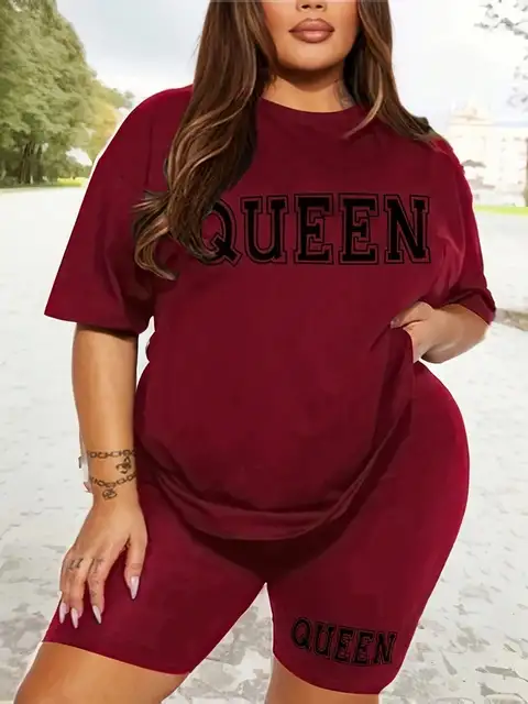 Plus size modne szorty na wszystkie mecze garnitur z krótkim rękawem królowa nadruk z literą prosty i wygodny dwuczęściowy garnitur 2024 nowość