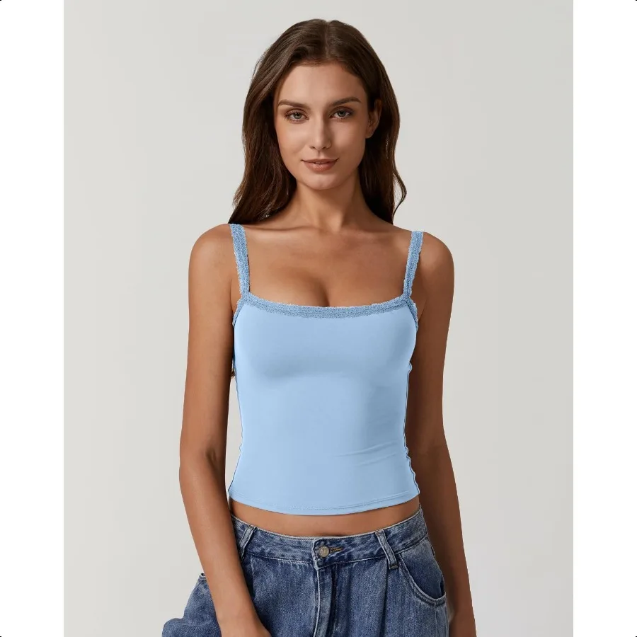 QINSEN レディース スクエアネック レース トリム タンク トップ ダブル裏地 スリム フィット Y2k お出かけ キャミソール シャツ