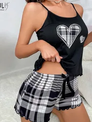 2024 Casual Home Wear Summer Women's Suspender Heart-shaped Checkered Shorts Two-piece Set Sweat Suits Women Matching Sets 970C