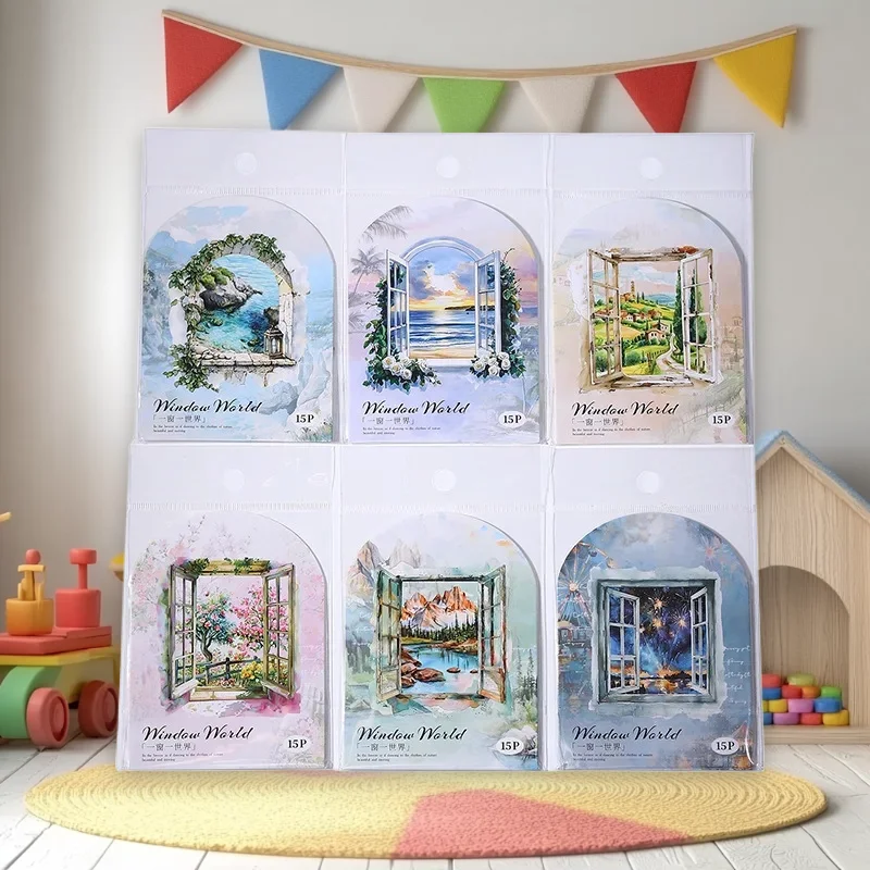 1 Packung/3 Packung One Window One World Series Szenenherstellung PET-Aufkleber 6 Stile für Journal Collage Dekoration Basismaterial