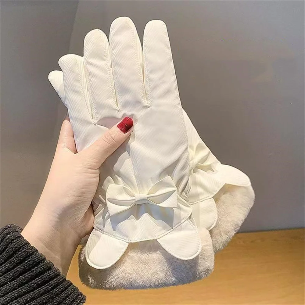 1pair Winter Warm Women'S Cycling Velvet Thickened Gloves Bear Ears Bow Outdoor Water-Repellent Ski Gloves image 5
