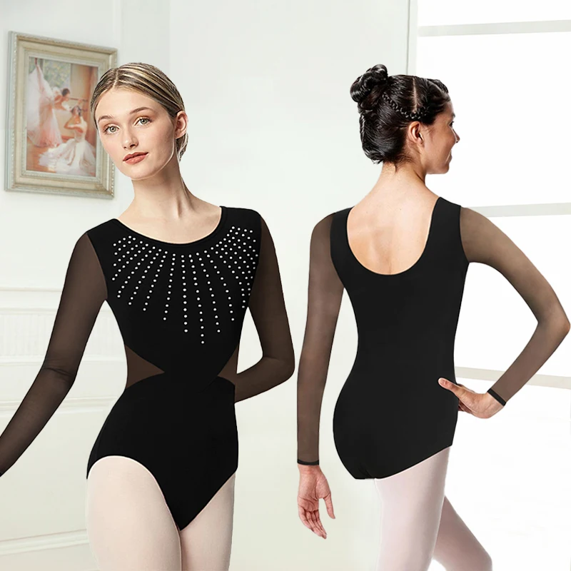 Justaucorps de danse à manches longues en maille pour femmes, brillant, perceuse à chaud sur le devant, avec doublure avant complète pour spectacle de danse