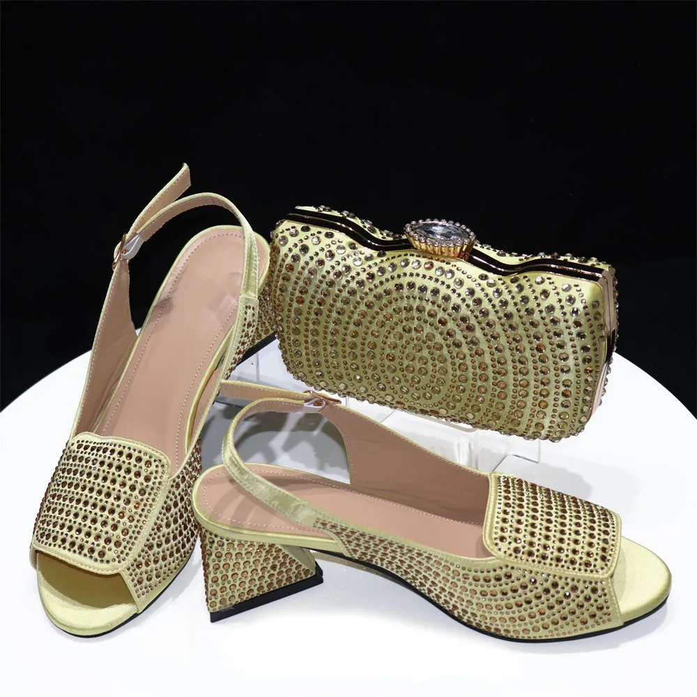 

New African Summer Woman Golden Color Shoes And Bags Set Fashion Italian High Heels Shoes And Bag Sets For Party 7Color On Stock