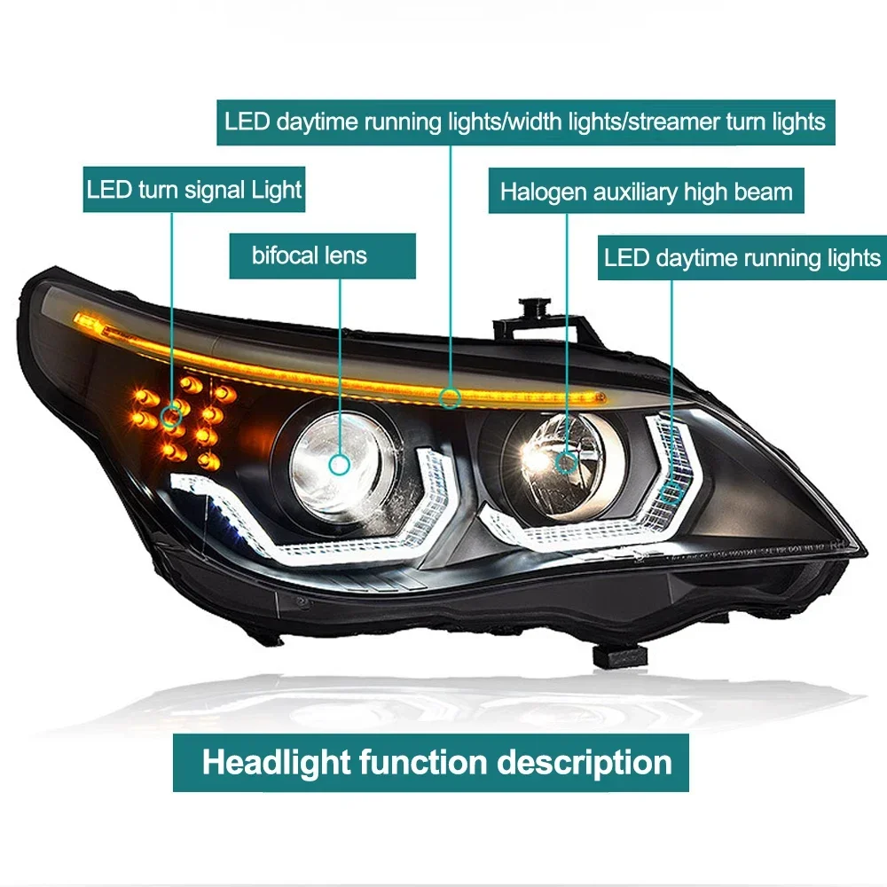 for BMW 5 Series E60 523i 530i 2003-10 Headlight Assembly LED Angel Eye Running Light Water Turn signal Hid Bi Xenon Accessories