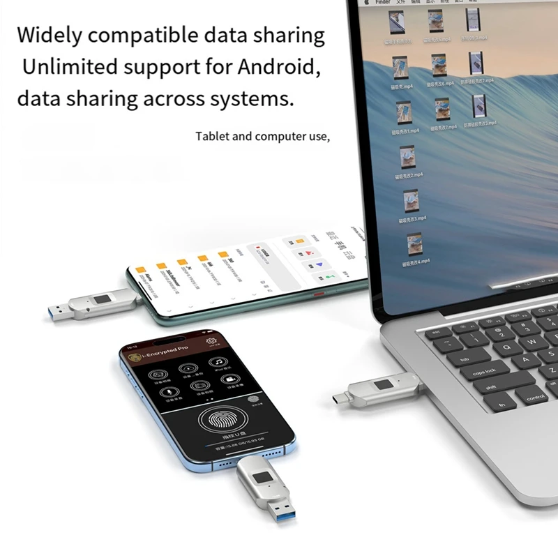 Disco USB criptografado adequado para celular e computador com reconhecimento de impressão digital Apple Type-C 3 em 1