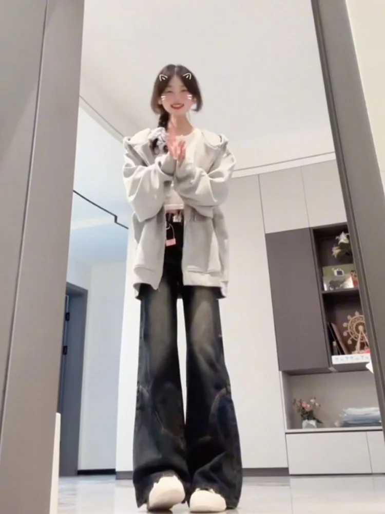 미국 하이 스트리트 벨 보트 진 여성용 봄 가을 2025 신상 레트로 하이웨이스트 슬림 스트레이트 와이드 레그 허프 팬츠