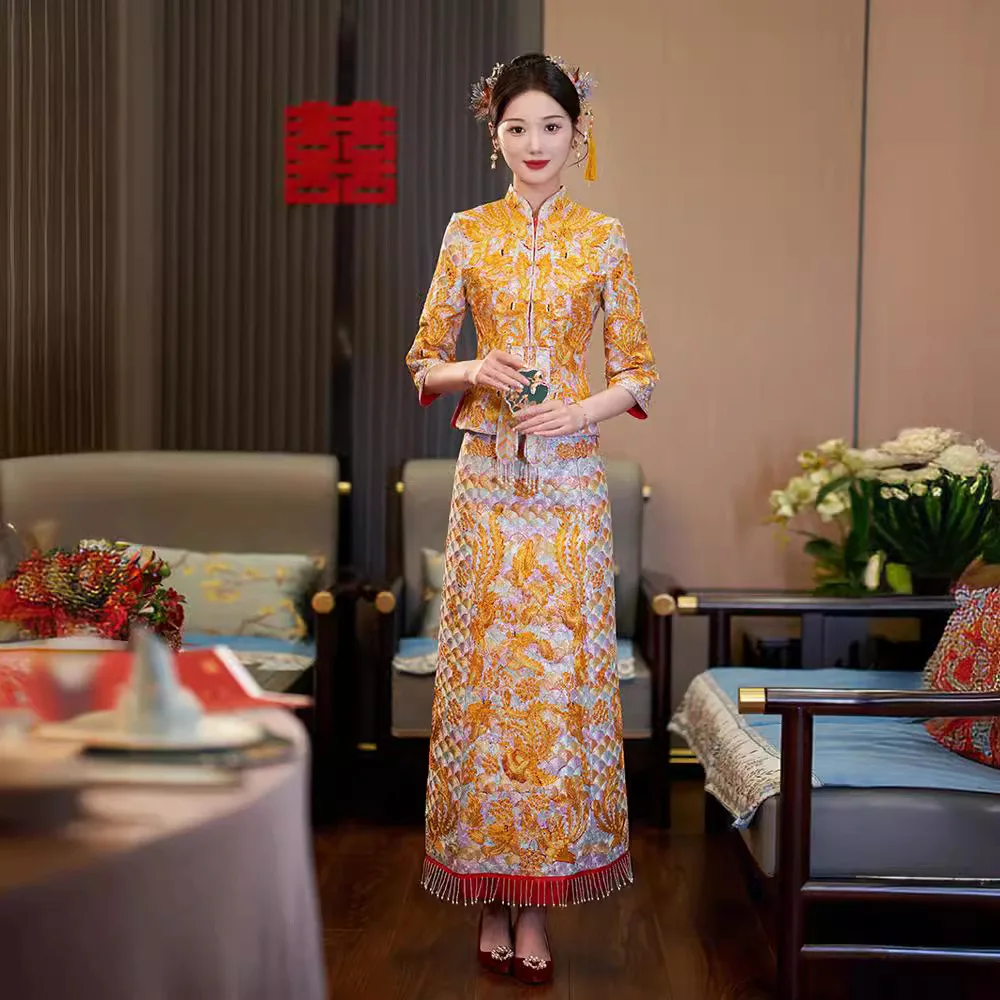 

2024, новое платье невесты Xiuhe и платье для тостов, свадебное императорское платье для тяжелой промышленности для женщин