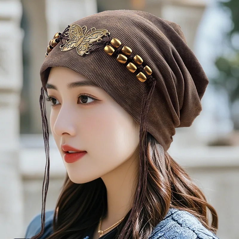 

Autumn Winter American Retro Stacked Hat - Women's Premium Tie-dye Fringed Butterfly Face Slimming Bag Head Cap