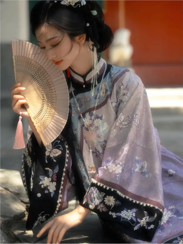 

Новое женское платье Hanfu в китайском стиле с воротником-стойкой, полное открытие, наклонная инкрустация фиолетовым элегантным.