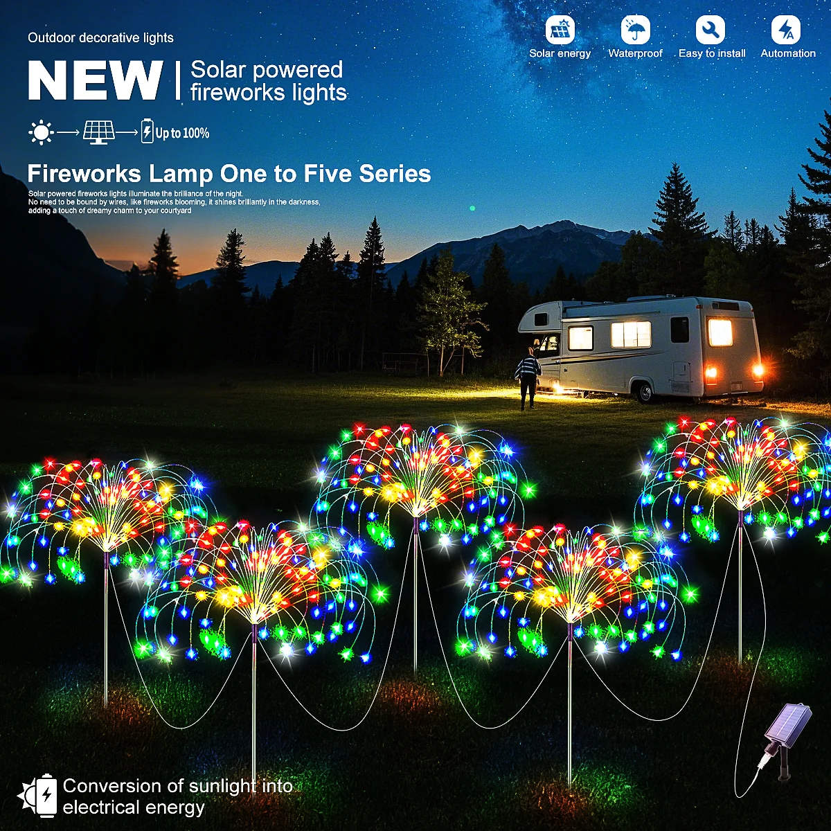 5Pcs 400LEDS Solar Power Fireworks Light Outdoor Solar Light Waterproof LED Fairy Lights 8 Modes Lighting For Garden Lawn Yard