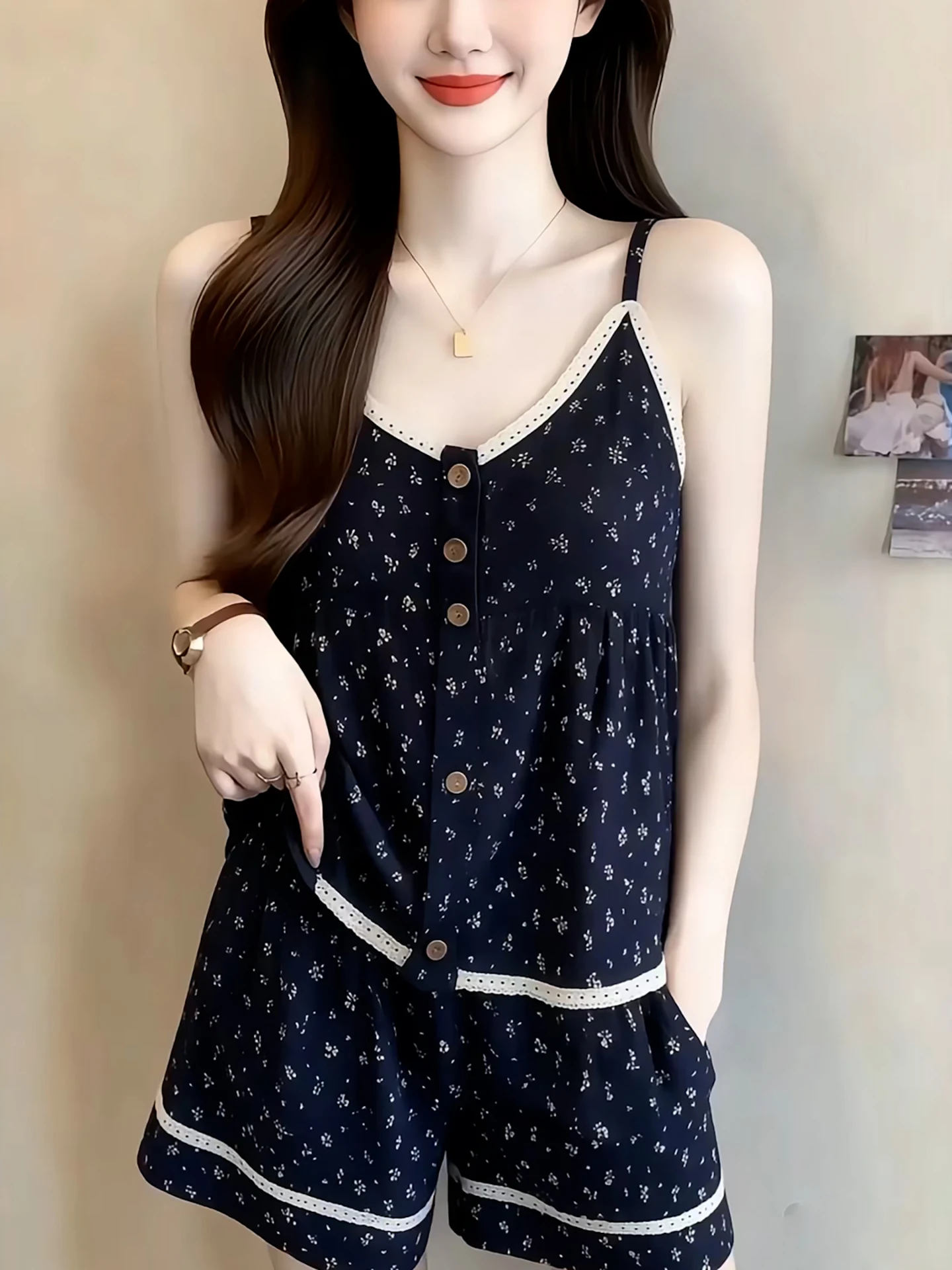 yuanxiang-summer-floral-print-sleepwear-set-with-chest-pad-korean-style-strap-short-pants-cool-feeling-thin-home-clothes