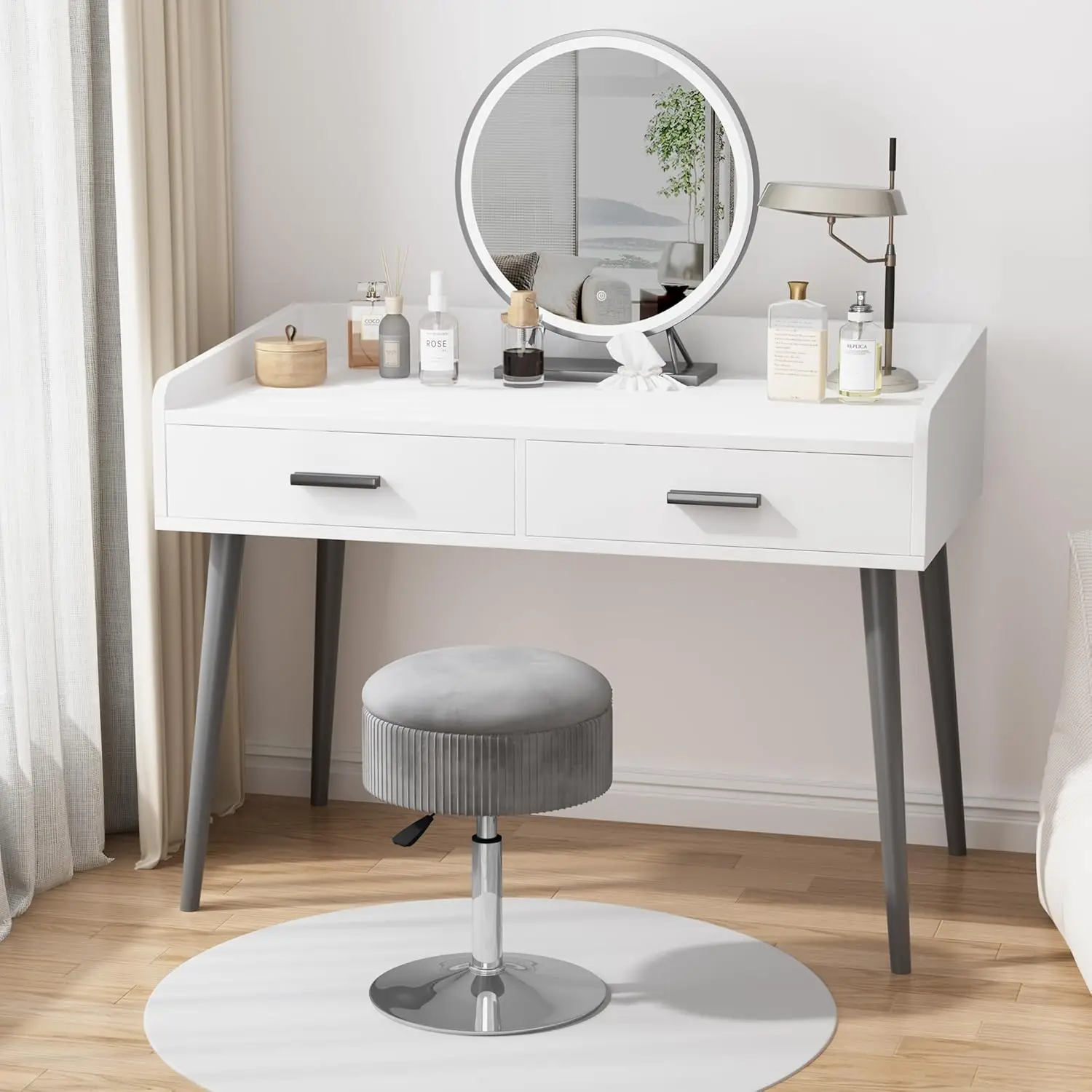 

Aceqlyt® Adjustable Storage Stool Chair For Vanity Desk Bathroom Bedroom, 360° Swivel Small Gray Makeup Vanity Stool Vanity